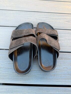 Massimo Dutti Men's Double-Strap Suede Slide Sandals - Dark Brown